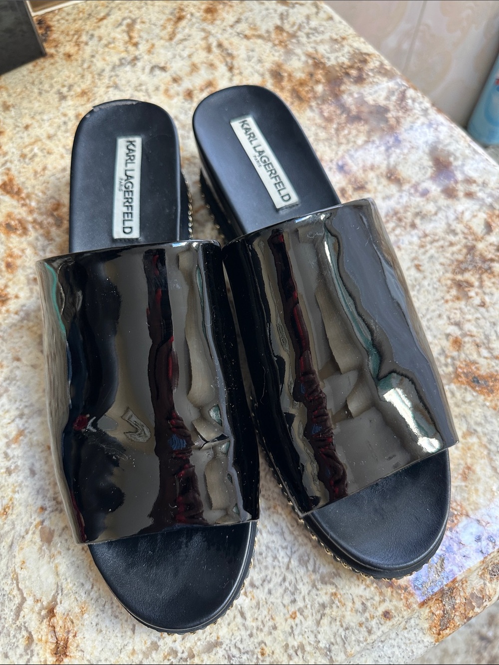 Karl Lagerfeld Black Patent Slide Mules
